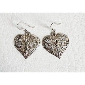 Vintage Sterling Heart Earrings Filigree 925 Silver Dangle Pierced